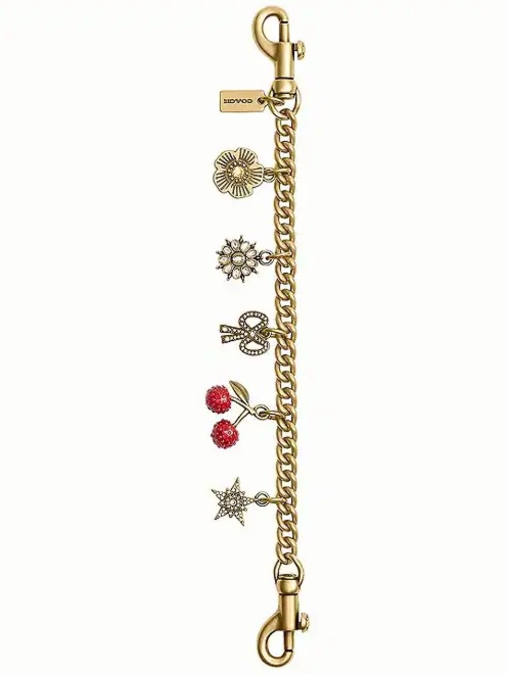 COACH Chain Bag Charm Crystal Motif Bow Cherry Flower Brass Multi CCX41 NWT